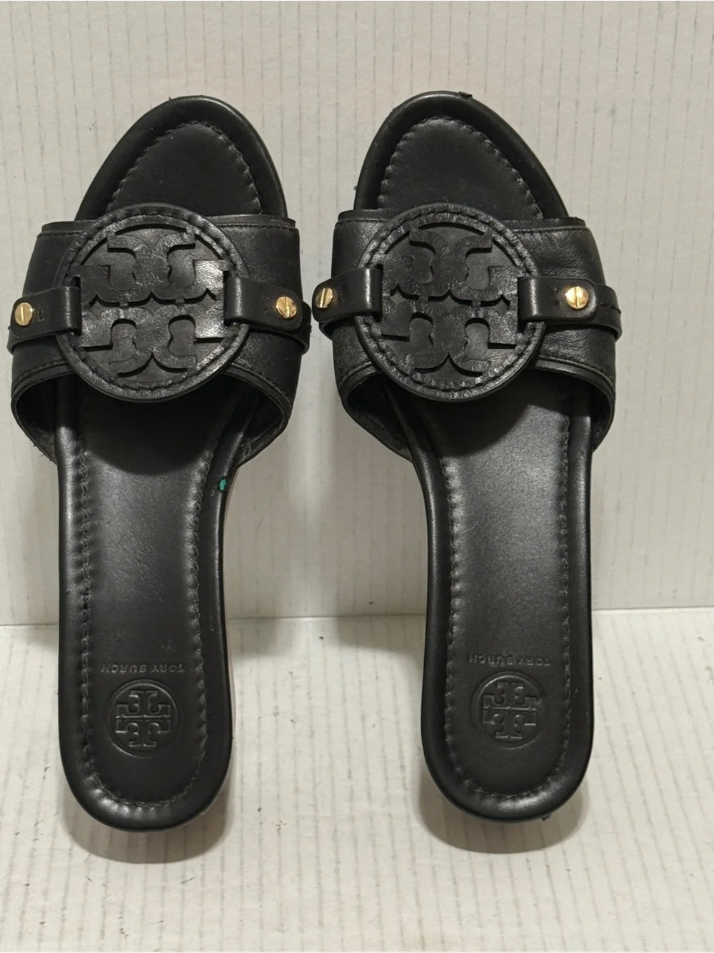 Tory Burch Madalena Black Leather Wedge Slide Sandals Double T Logo Platform 8 - Picture 3 of 11